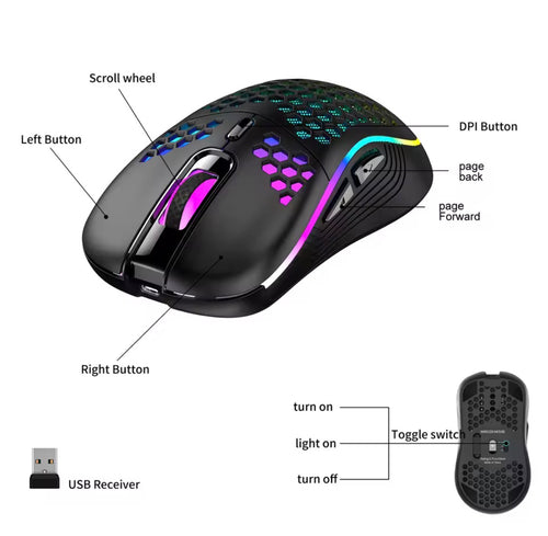 Wireless Gaming Mouse Honeycomb 2.4G USB Cordless mouse Rechargeable